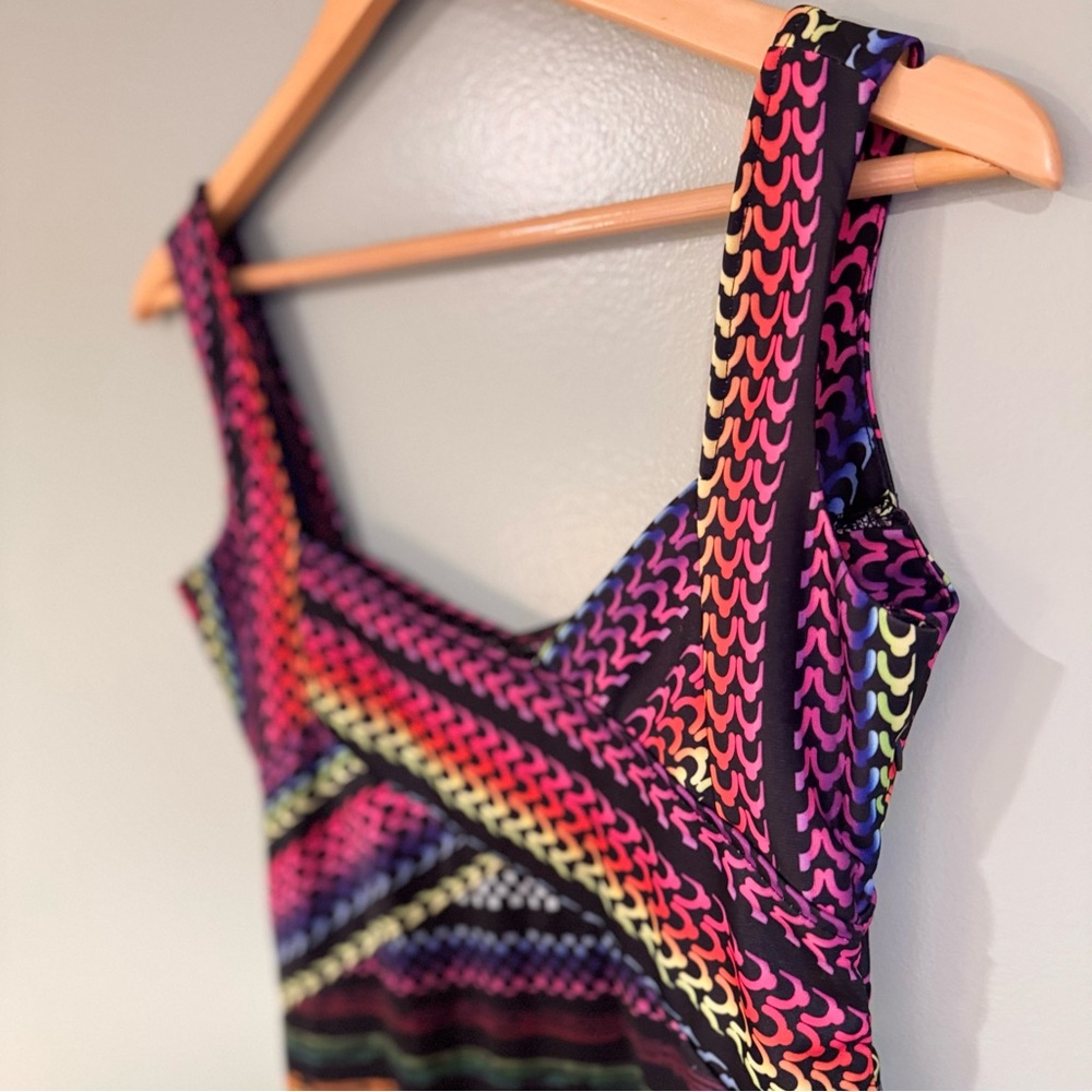 Vintage Y2K Rainbow Geometric Body-con Dress Hippie Fest Women S Club Sexy 90s - Picture 5 of 16
